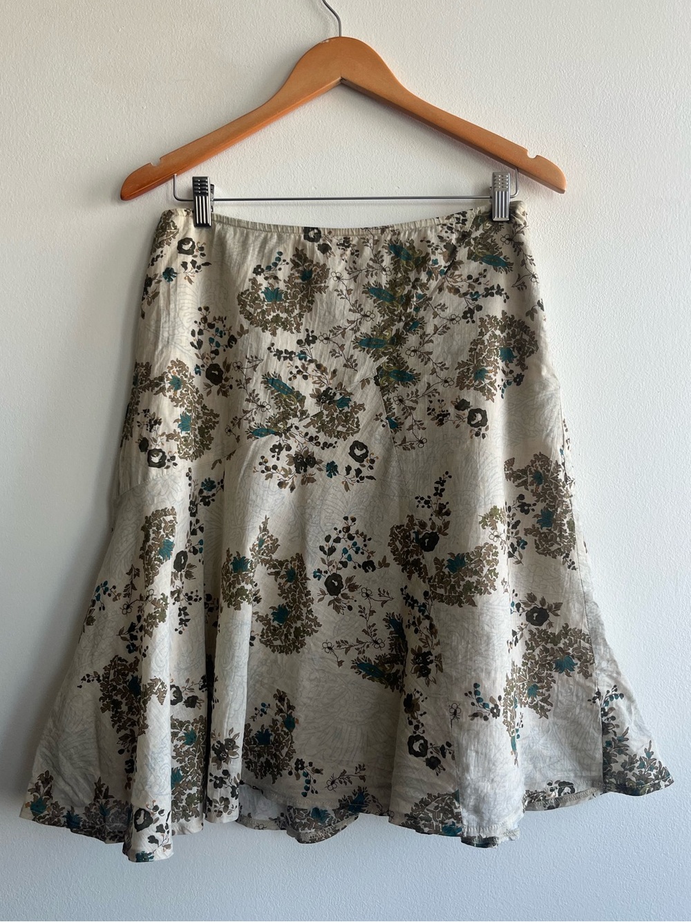 Boho Floral Neutral Cotton Midi Skirt Cottagecore Prairie Cream Women's Sz 8